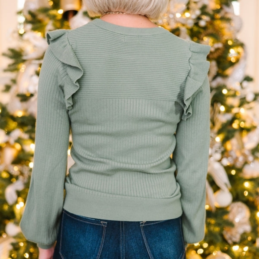 BOGO NWOT- Olive Green Ruffles Sweater- Large - Picture 3 of 6